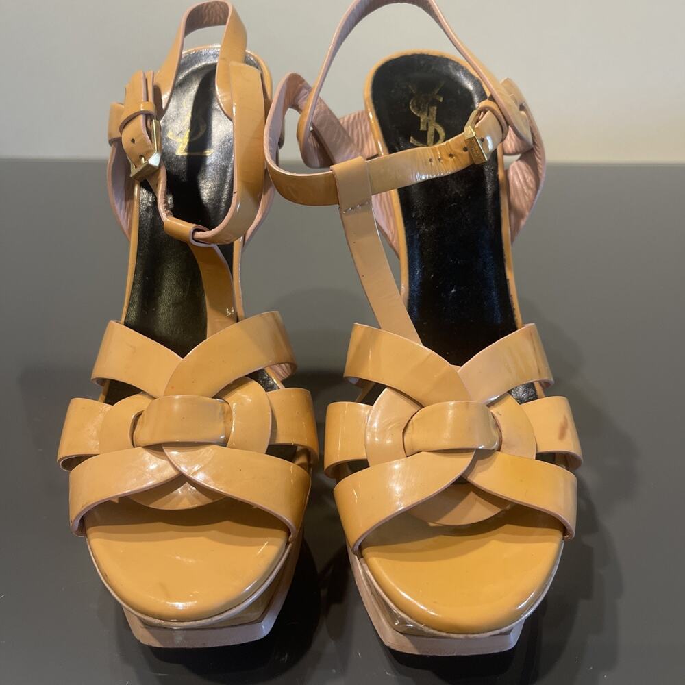 Yves Saint Laurent YSL Beige Patent Leather Tribute Platform Sandals Size 40.5 - Picture 1 of 14